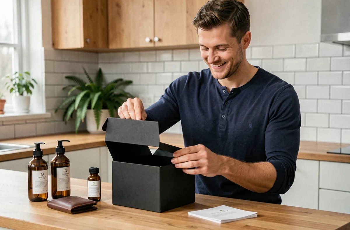 Homme dans la trentaine ouvrant une boîte d'abonnement pour homme dans une cuisine moderne scandinave avec des produits de soin soigneusement disposés