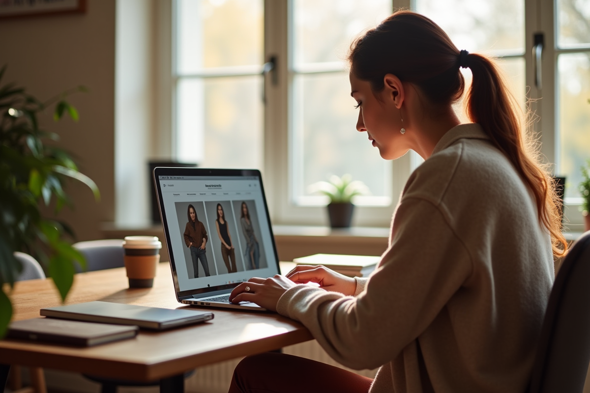 Personne naviguant sur un site de mode sur un ordinateur portable à la maison