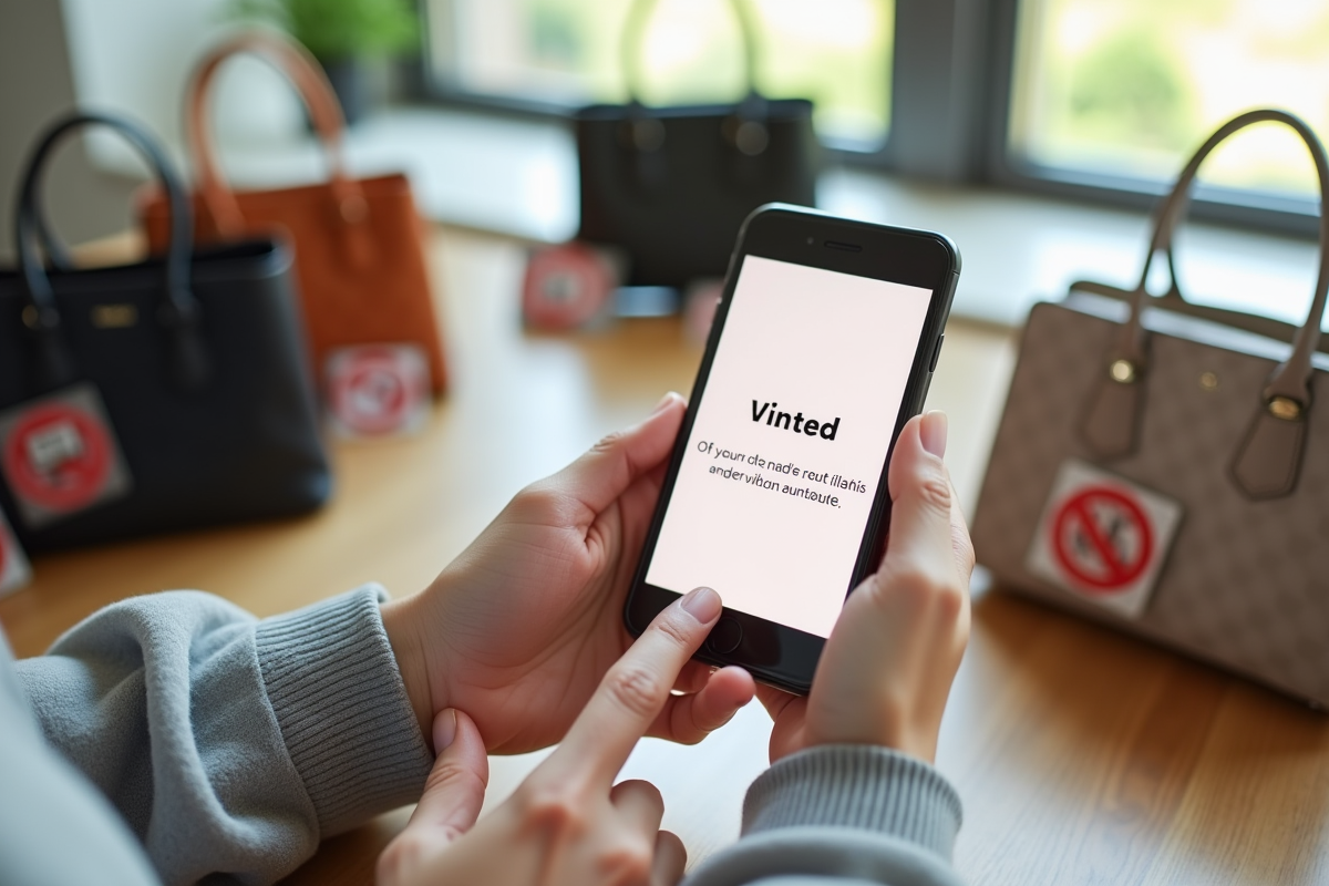 Deux mains tenant un smartphone avec erreur Vinted dans un intérieur lumineux