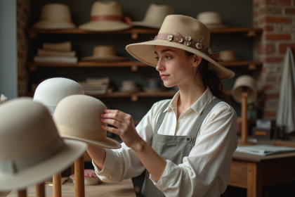 Jeune femme ajustant un chapeau dans son atelier parisien