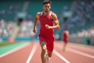 Jeune athlète en plein sprint sur piste moderne