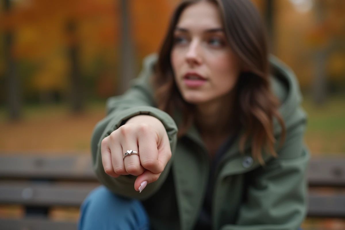 Jeune femme portant une bague amitié cœur en acier argenté dans un parc en automne, look décontracté