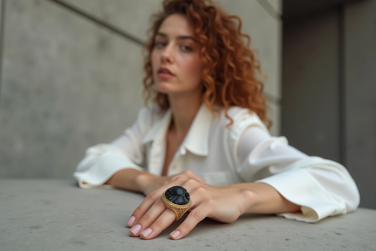 Main portant une bague camée contemporaine sur fond béton urbain, symbolisant l'évolution moderne de la signification du camée en 2026