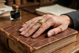 Bague chevalière dorée gravée portée par une femme sur un livre ancien en cuir, gros plan détaillé