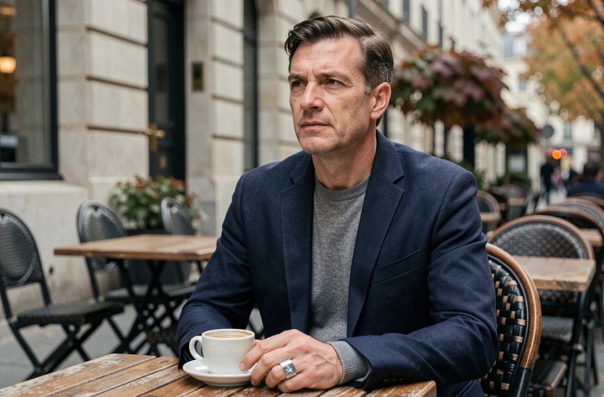 Homme d'âge mûr portant une bague photo projection en argent brossé à une terrasse de café parisienne en automne