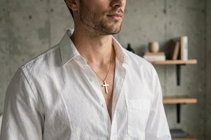 Homme portant une croix en or jaune 18 carats sur une chaîne fine, chemise en lin blanc ouverte au col, dans un appartement minimaliste au mur en béton