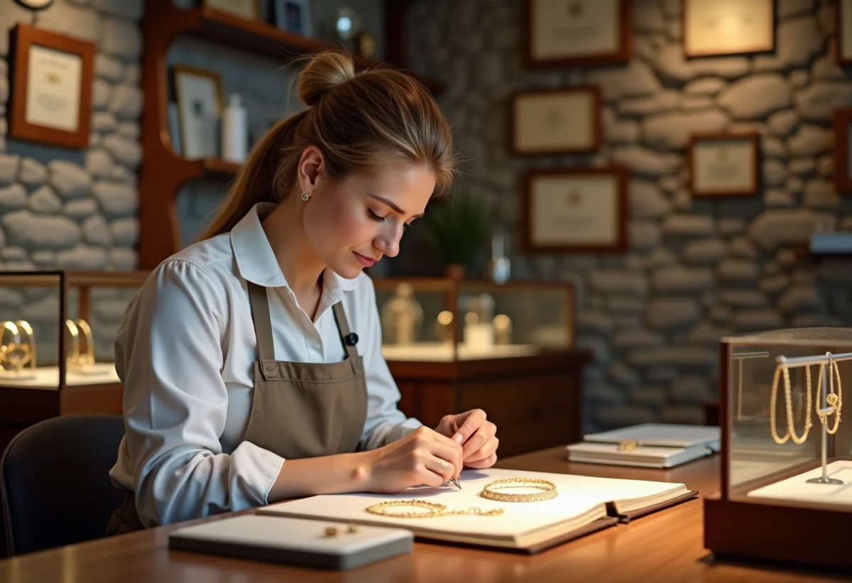 Bijoutière femme ajustant un collier en or dans son atelier