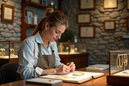 Bijouti&egrave;re femme ajustant un collier en or dans son atelier