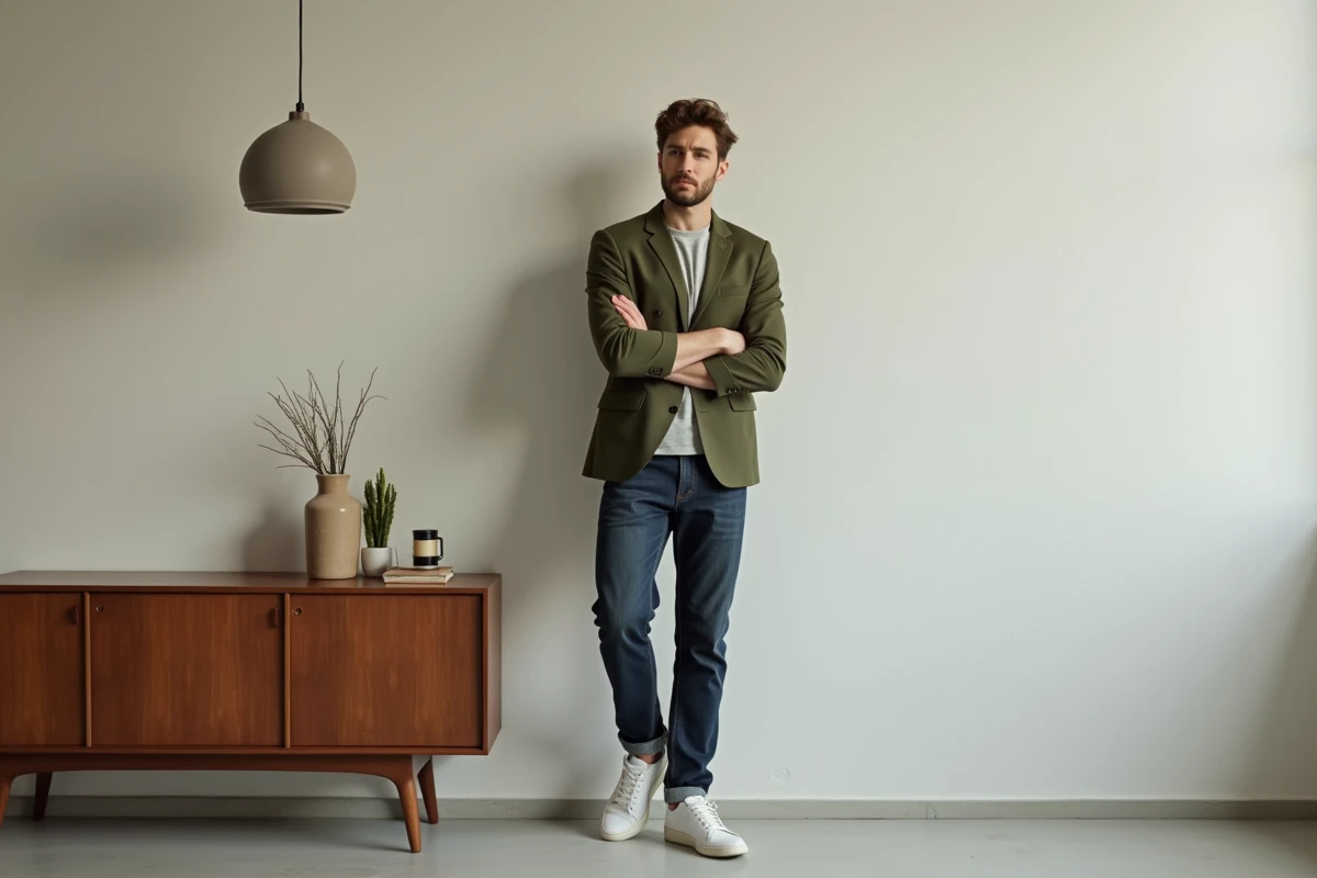 Homme portant un blazer années 60 coupe slim vert olive avec jean indigo et sneakers blanches dans un appartement moderne à décoration mid-century