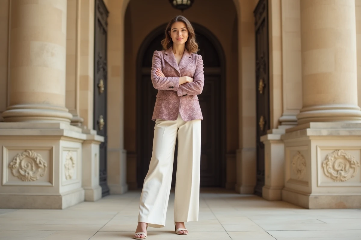 Femme en blazer fleuri structuré et pantalon ivoire devant l'entrée d'un lieu de réception de mariage haussmannien