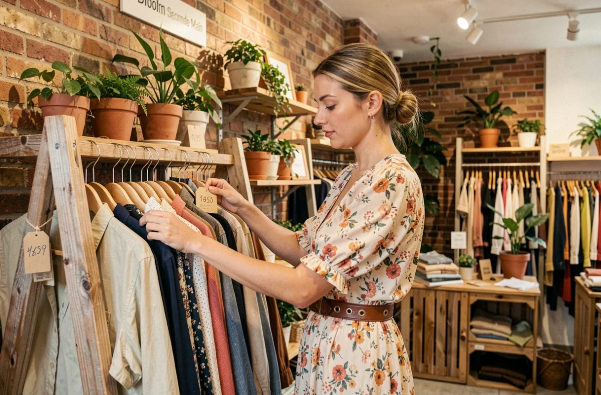 Jeune femme en robe vintage feuilletant des vêtements de seconde main chez Bloom à Lyon