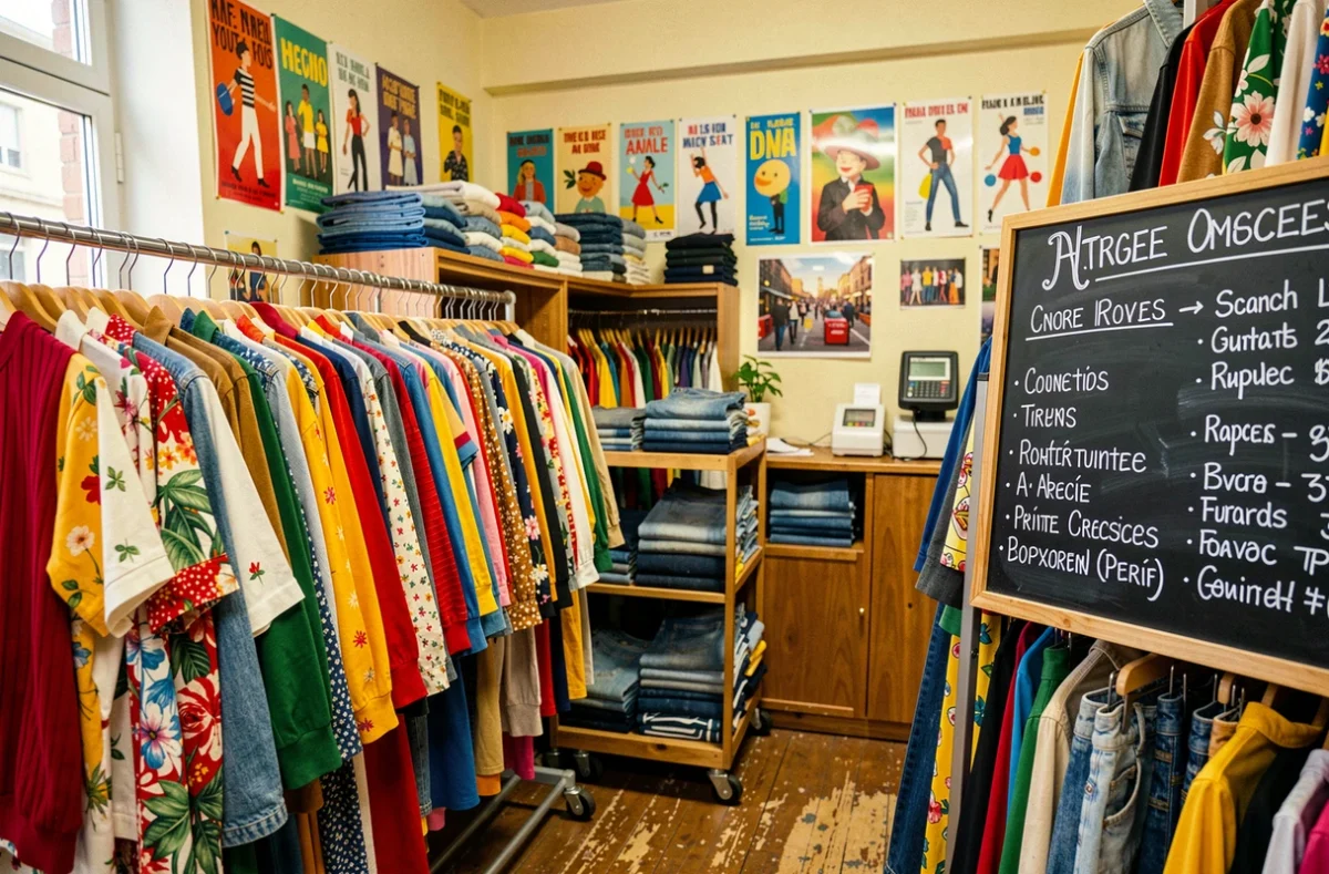 Intérieur animé de la friperie Bobby Second Hand à Paris avec des portants colorés et une ambiance jeune et chaleureuse