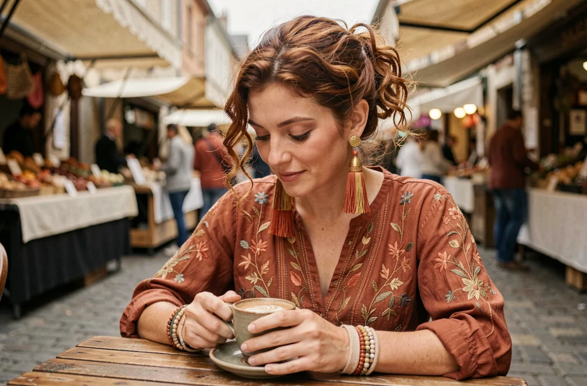 Femme portant des boucles d'oreilles bohèmes à franges terracotta et or dans un marché de village français