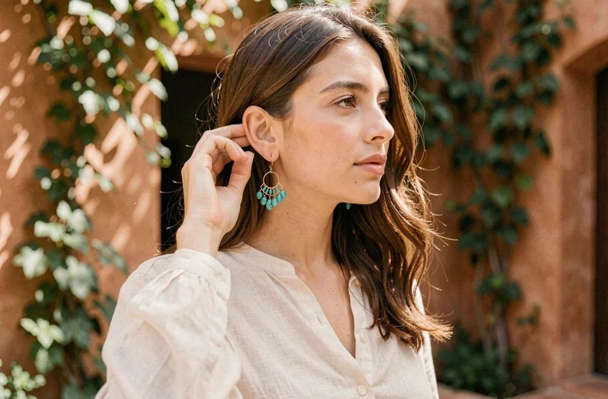 Femme portant des boucles d'oreilles bohèmes turquoise et dorées dans une cour méditerranéenne ensoleillée