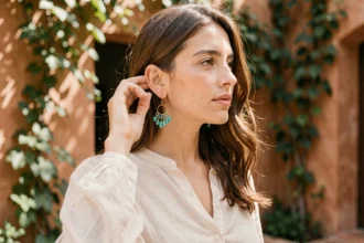 Femme portant des boucles d'oreilles bohèmes turquoise et dorées dans une cour méditerranéenne ensoleillée