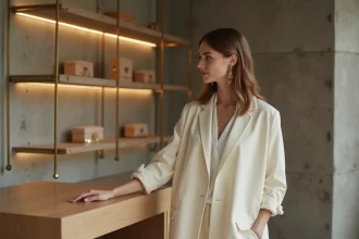 Femme élégante en blazer ivoire dans une boutique de luxe parisienne au décor contemporain alliant béton brut et laiton