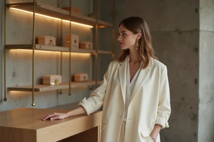 Femme élégante en blazer ivoire dans une boutique de luxe parisienne au décor contemporain alliant béton brut et laiton
