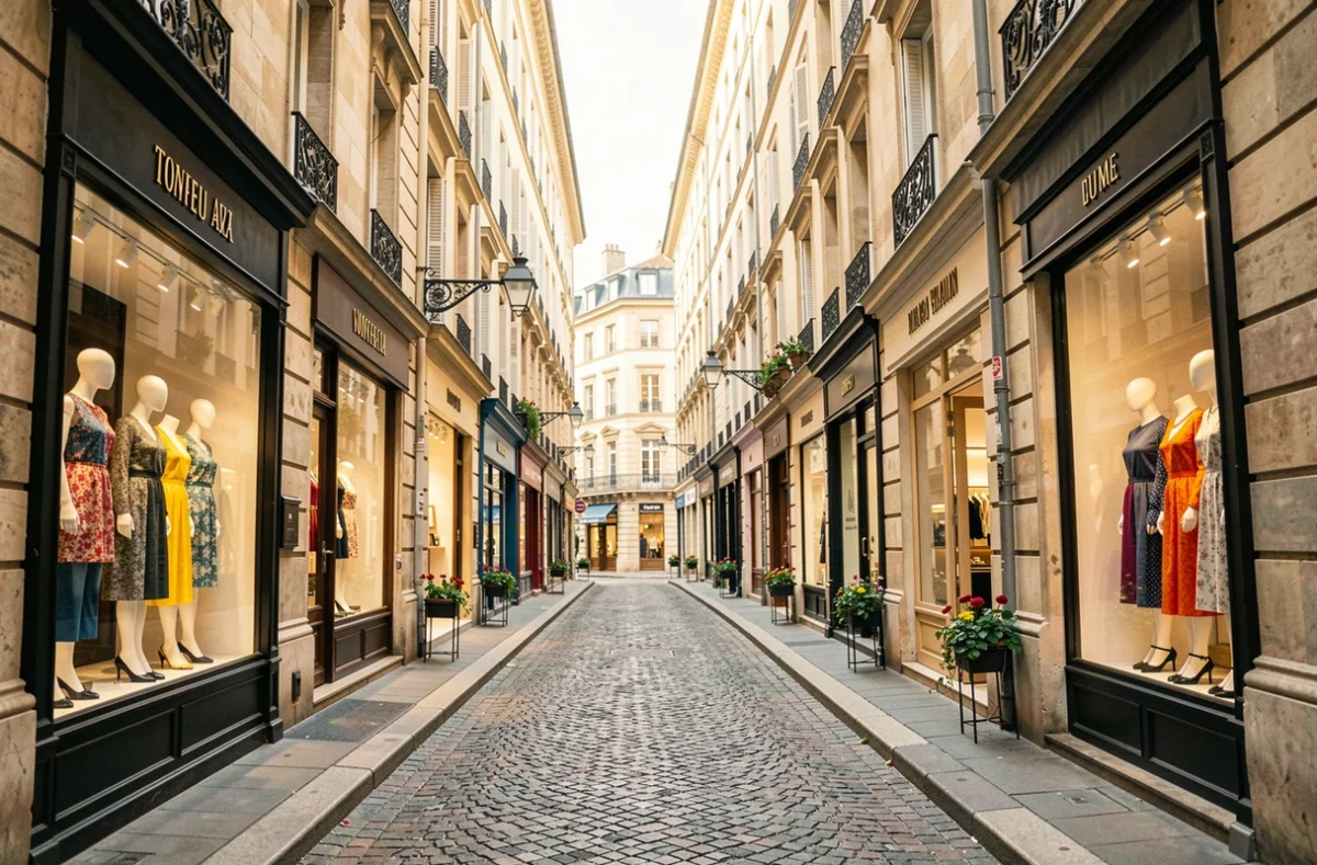 Rue commerçante de Lyon avec boutiques de prêt-à-porter féminin élégantes et vitrines colorées
