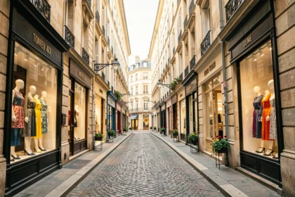 Rue commerçante de Lyon avec boutiques de prêt-à-porter féminin élégantes et vitrines colorées