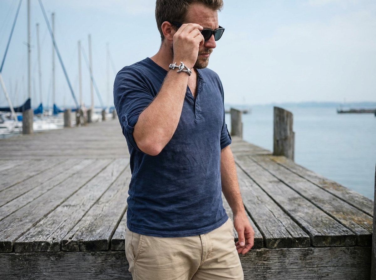Homme portant un bracelet ancre en argent sur un ponton en bois face à un port de plaisance
