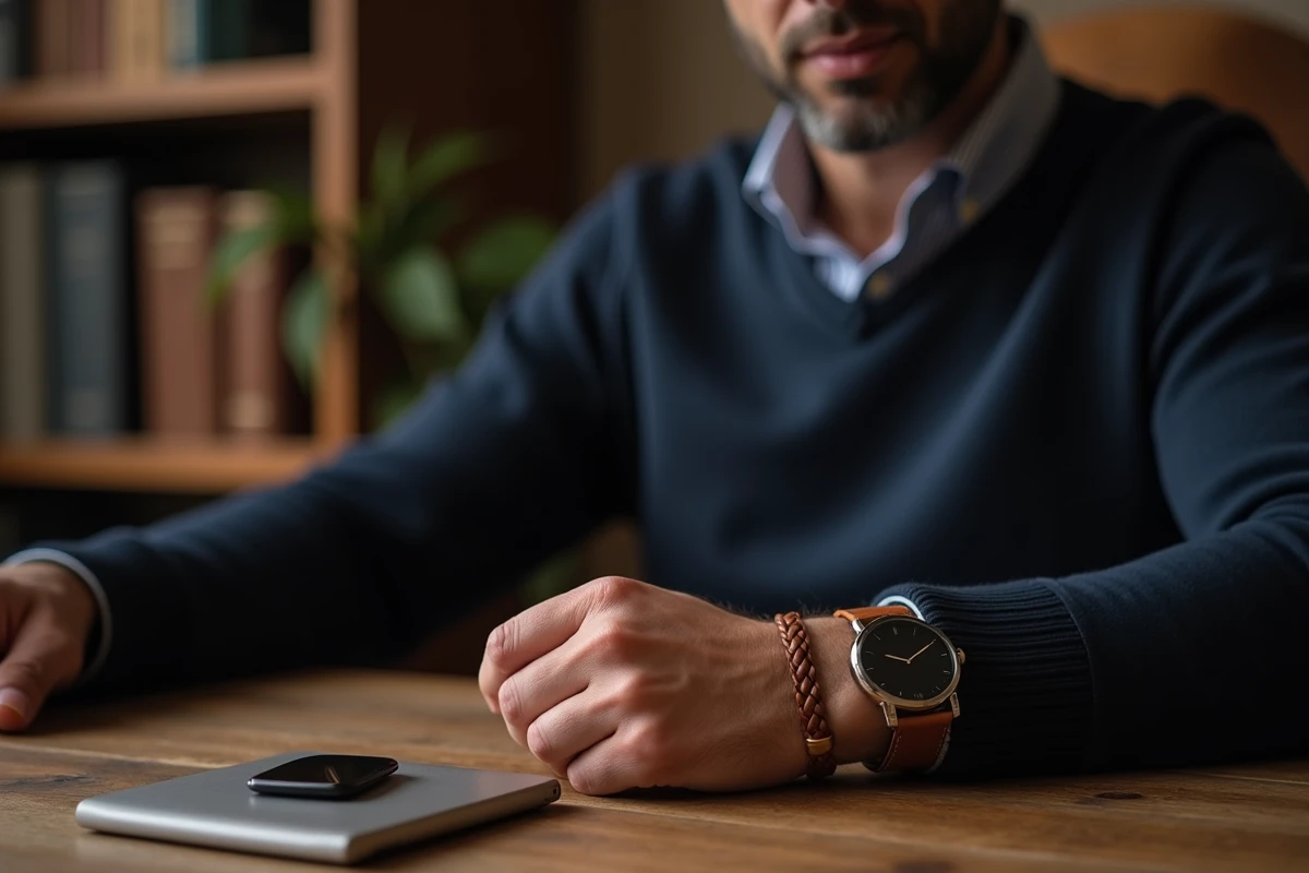Homme portant un large bracelet en cuir tressé avec une montre au poignet dans un bureau à domicile, exemple de superposition de bijoux larges