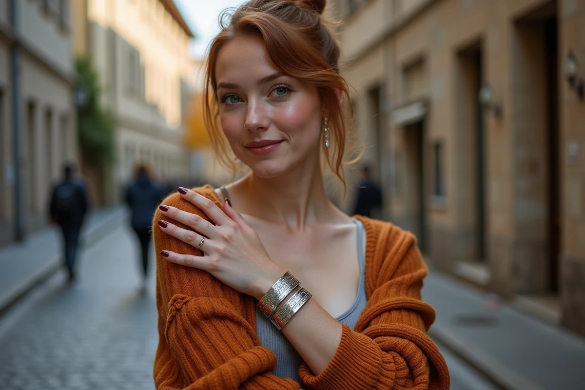 Femme empilant plusieurs larges bracelets en argent de différentes largeurs au poignet dans une rue européenne en automne, guide du choix de largeur de bracelet