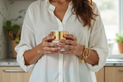 Femme portant un large bracelet manchette en or sur son poignet dans une cuisine moderne, illustrant comment choisir la bonne largeur de bracelet