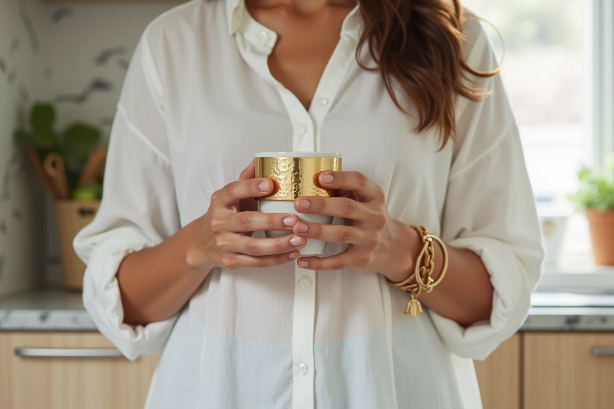 Femme portant un large bracelet manchette en or sur son poignet dans une cuisine moderne, illustrant comment choisir la bonne largeur de bracelet