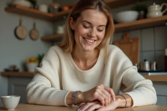 Femme ajustant un bracelet photo en cuisine chaleureuse