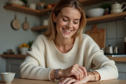 Femme ajustant un bracelet photo en cuisine chaleureuse