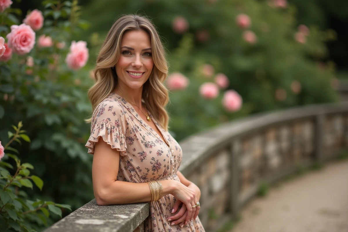 Femme élégante avec bracelet à breloques TRESOR doré dans un jardin fleuri à la française