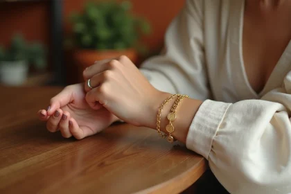 Femme portant un bracelet porte-bonheur TRESOR en or avec médaillons gravés dans un café chaleureux