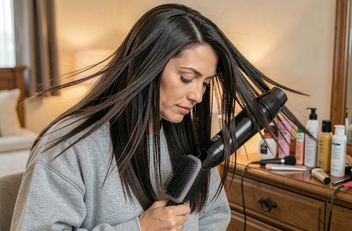 Femme se coiffant un mulet moderne sur cheveux raides avec un brushing volumisant à la maison