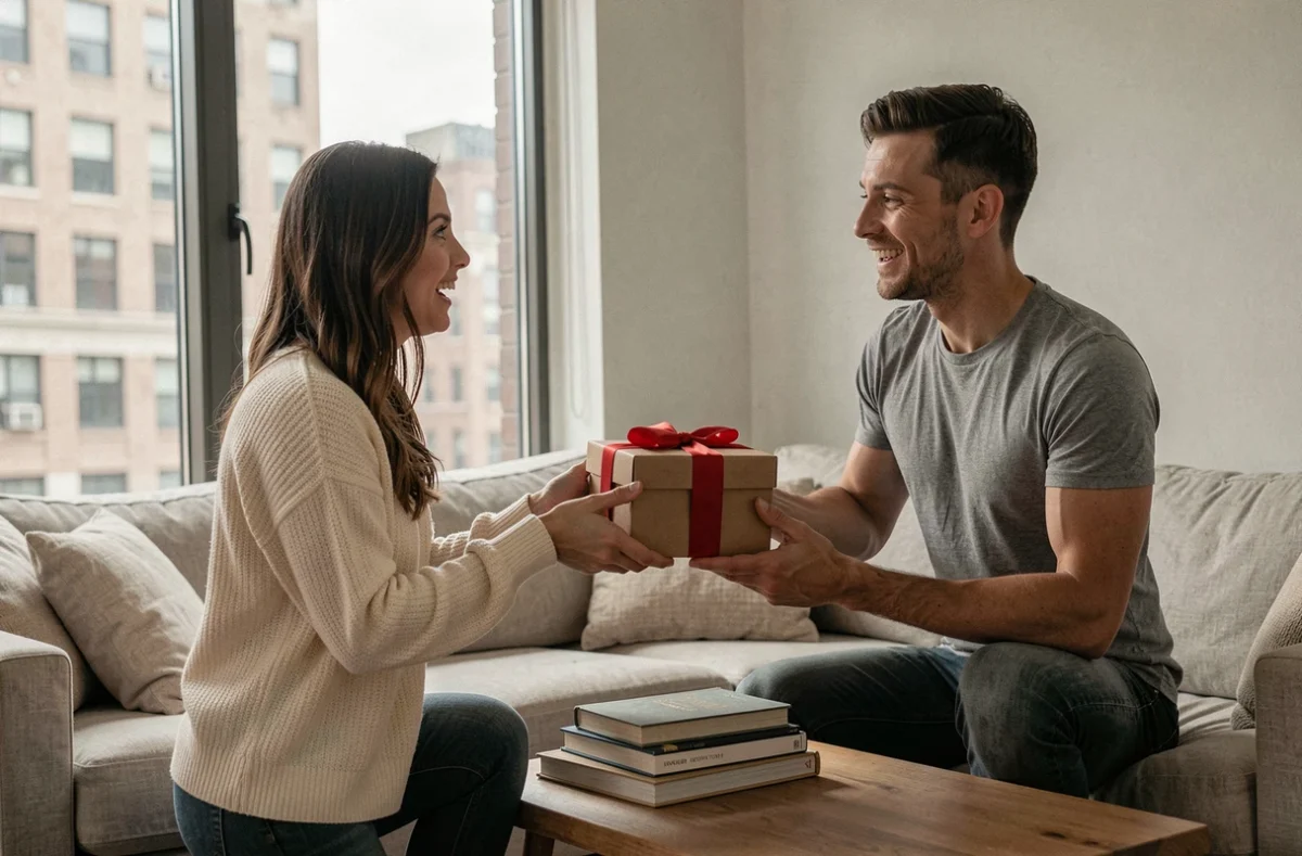 Couple partageant l'ouverture d'un abonnement cadeau pour homme dans un salon cosy avec vue urbaine en arrière-plan