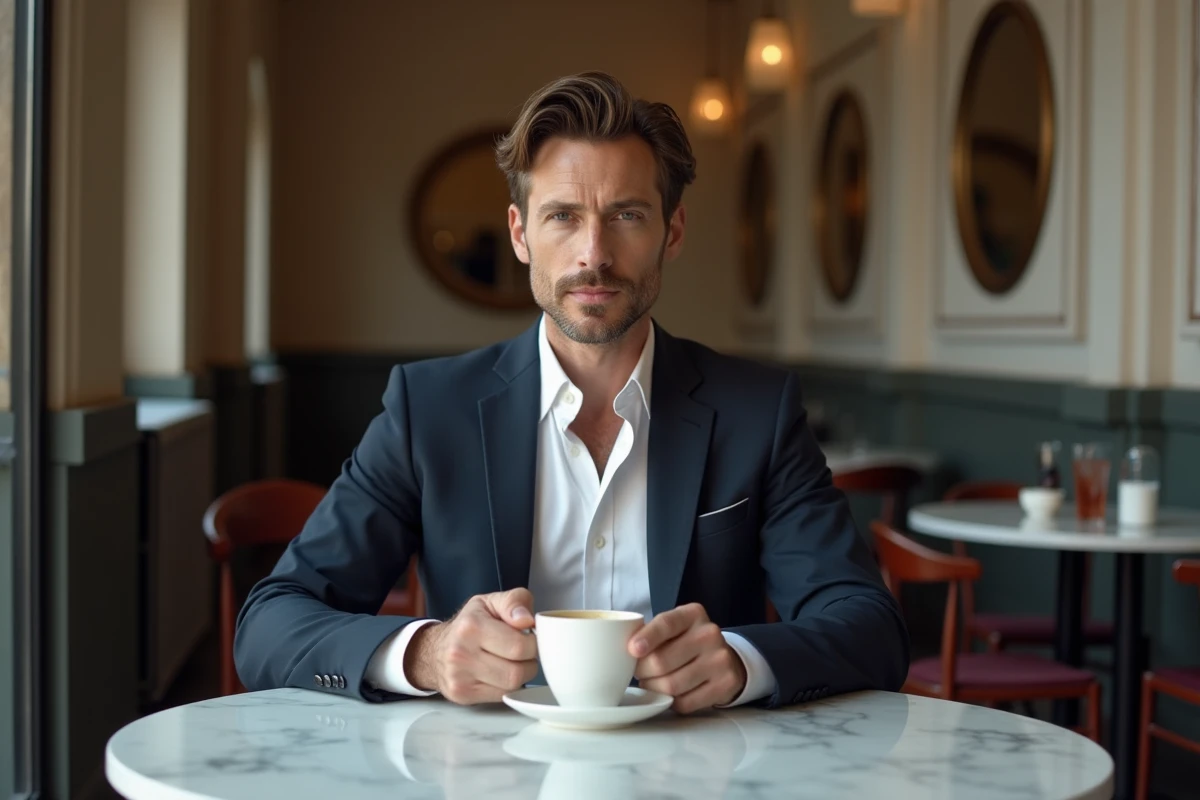 Homme en costume marine attablé dans un café concept parisien mêlant moulures haussmanniennes et design minimaliste moderne