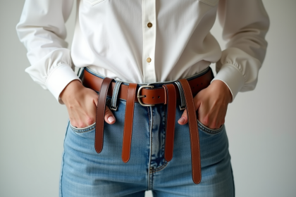 Personne portant des ceintures en mode élégant devant fond neutre