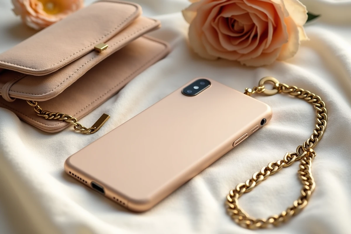 Chaîne dorée artisanale pour téléphone portable posée sur du lin ivoire avec accessoires de soirée