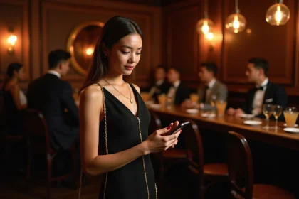 Femme élégante portant une chaîne dorée pour téléphone portable en soirée dans un bar chic
