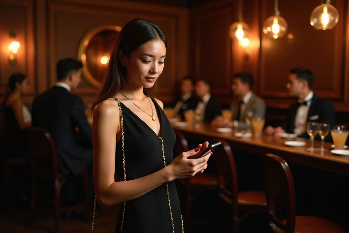 Femme élégante portant une chaîne dorée pour téléphone portable en soirée dans un bar chic
