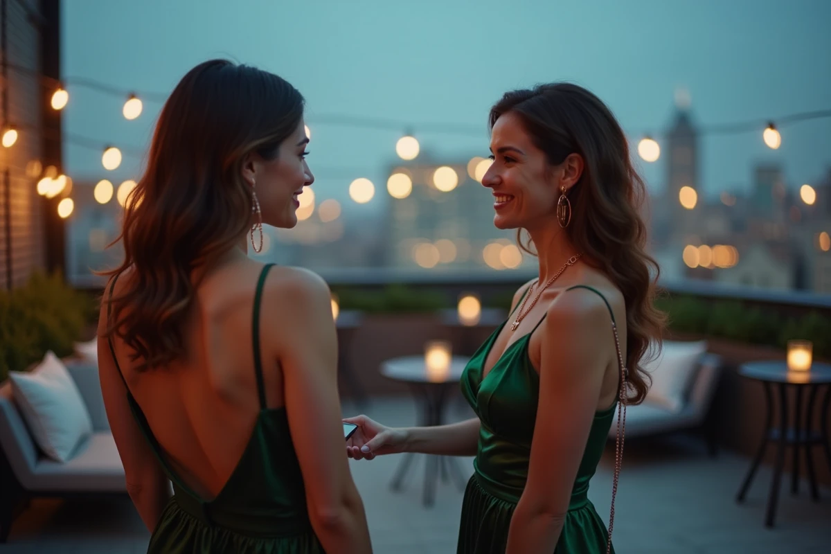 Deux femmes élégantes sur un rooftop, l'une portant une chaîne rose gold pour smartphone en soirée