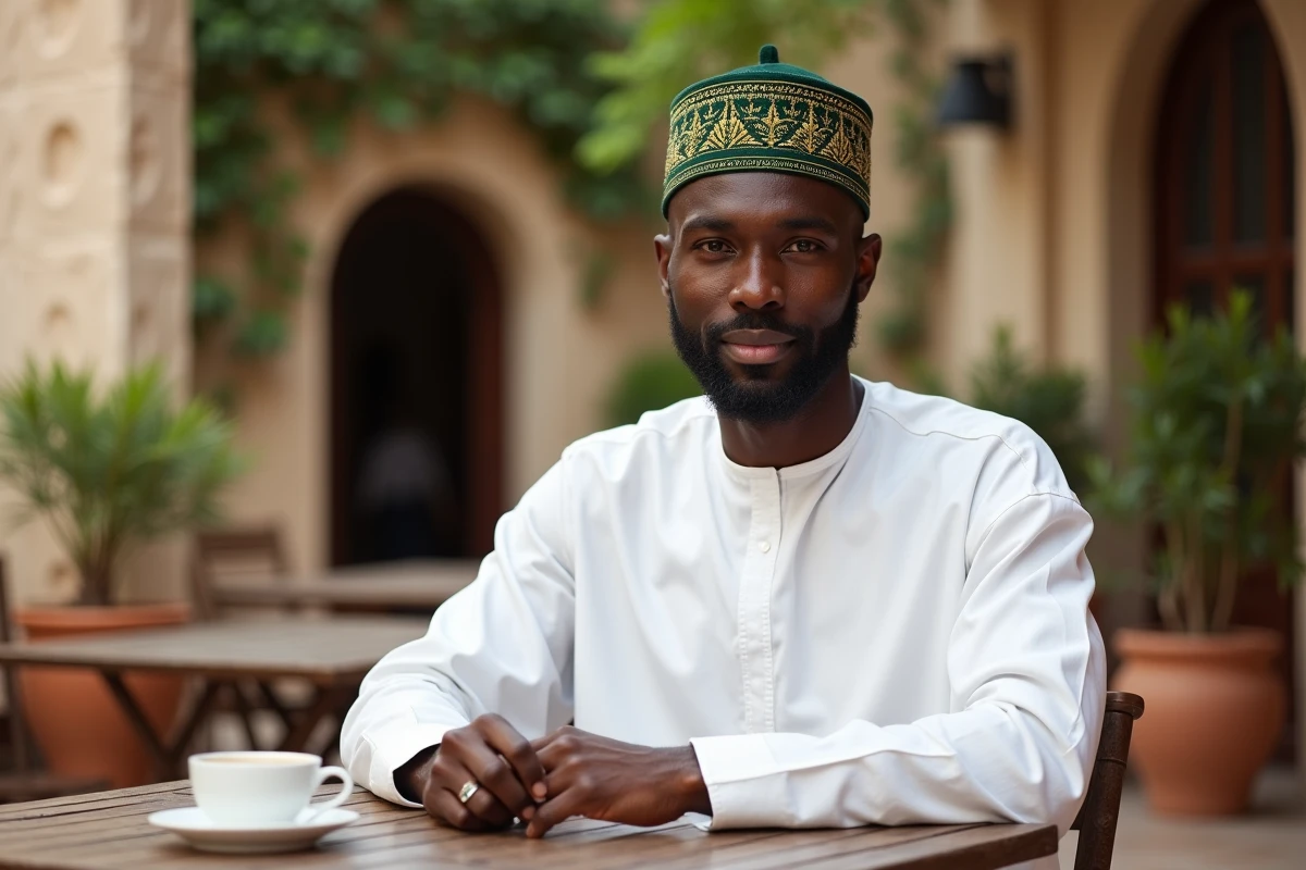 Homme africain portant un kufi brodé vert et or assis en terrasse méditerranéenne, portrait éditorial détendu