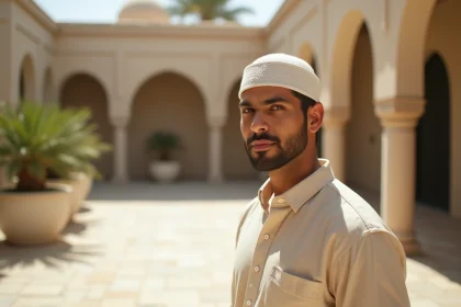 Homme portant un kufi moderne en coton blanc cassé dans une cour urbaine ensoleillée, style éditorial contemporain