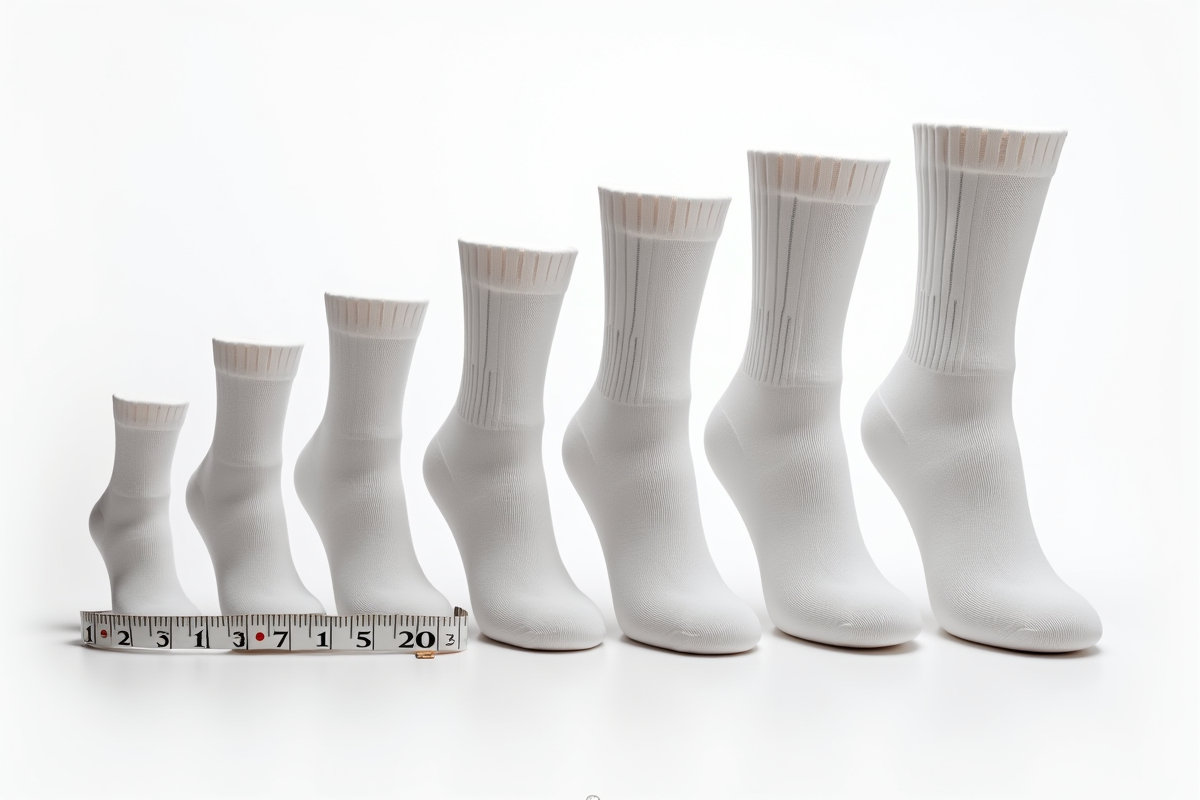 Plusieurs paires de chaussettes rangées avec un tableau de taille