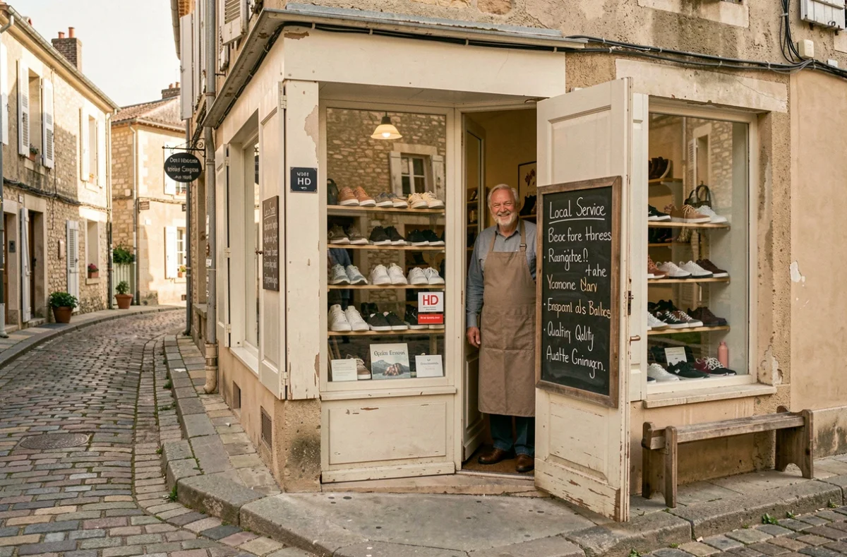 Propriétaire souriant devant la devanture accueillante de la boutique de proximité Chaussures Longuépée dans une rue provinciale française