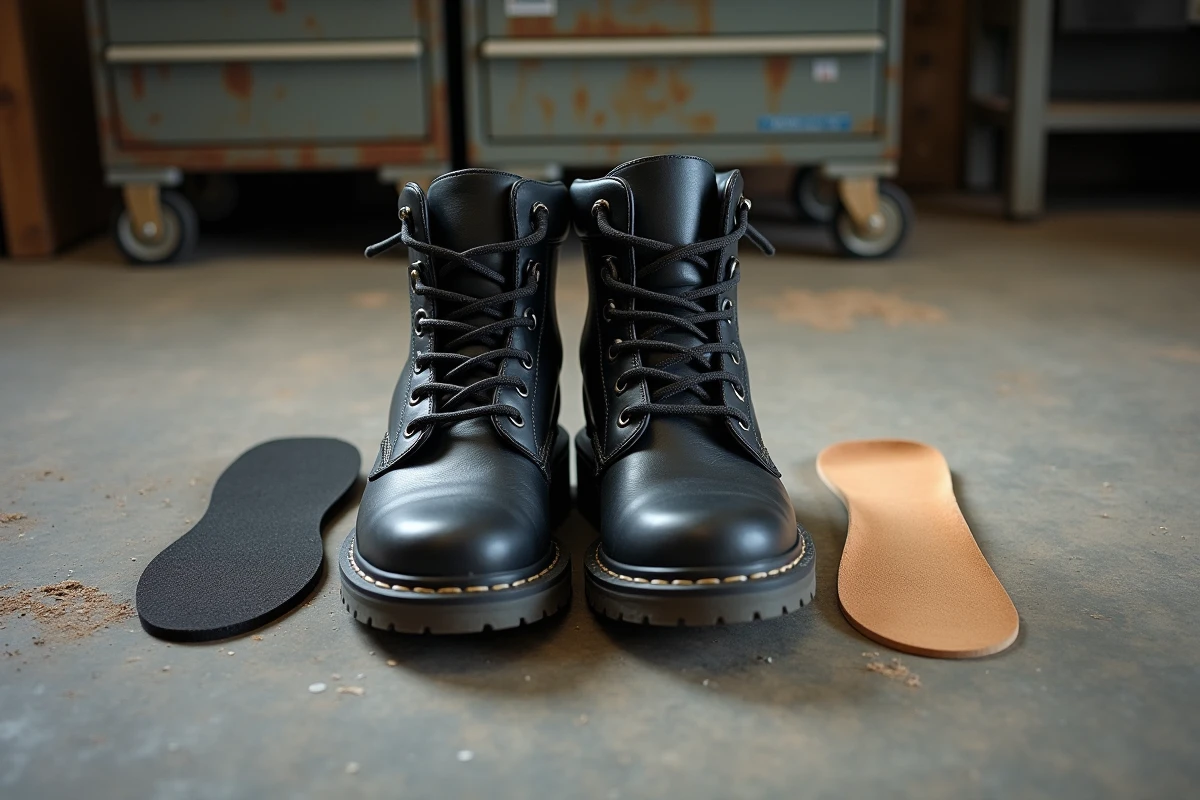Chaussures de sécurité posées à côté de semelles orthopédiques et d'inserts de talon sur un sol d'atelier