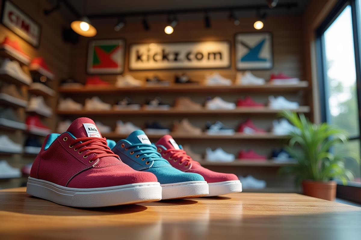 Chaussures stylées dans un magasin cosy avec branding Kickzcom