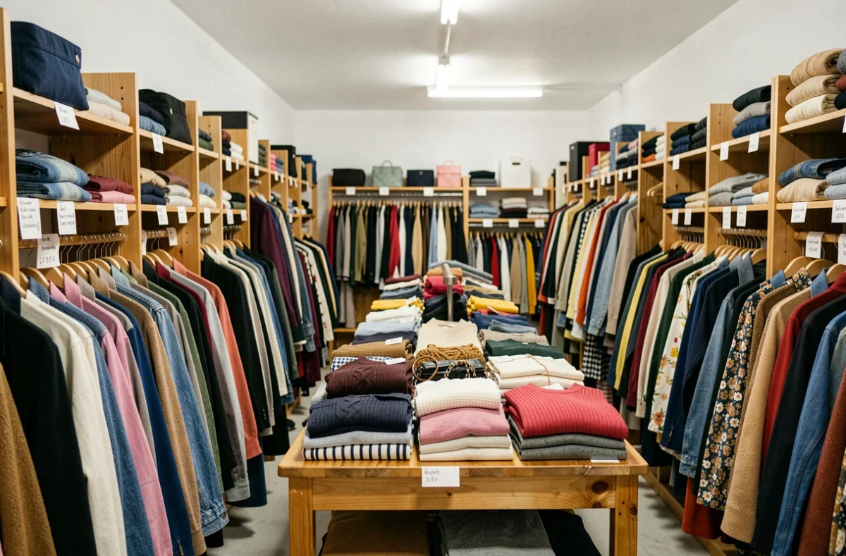 Intérieur du dépôt-vente Chercheminippes à Paris avec des portants de vêtements d'occasion bien organisés par catégorie