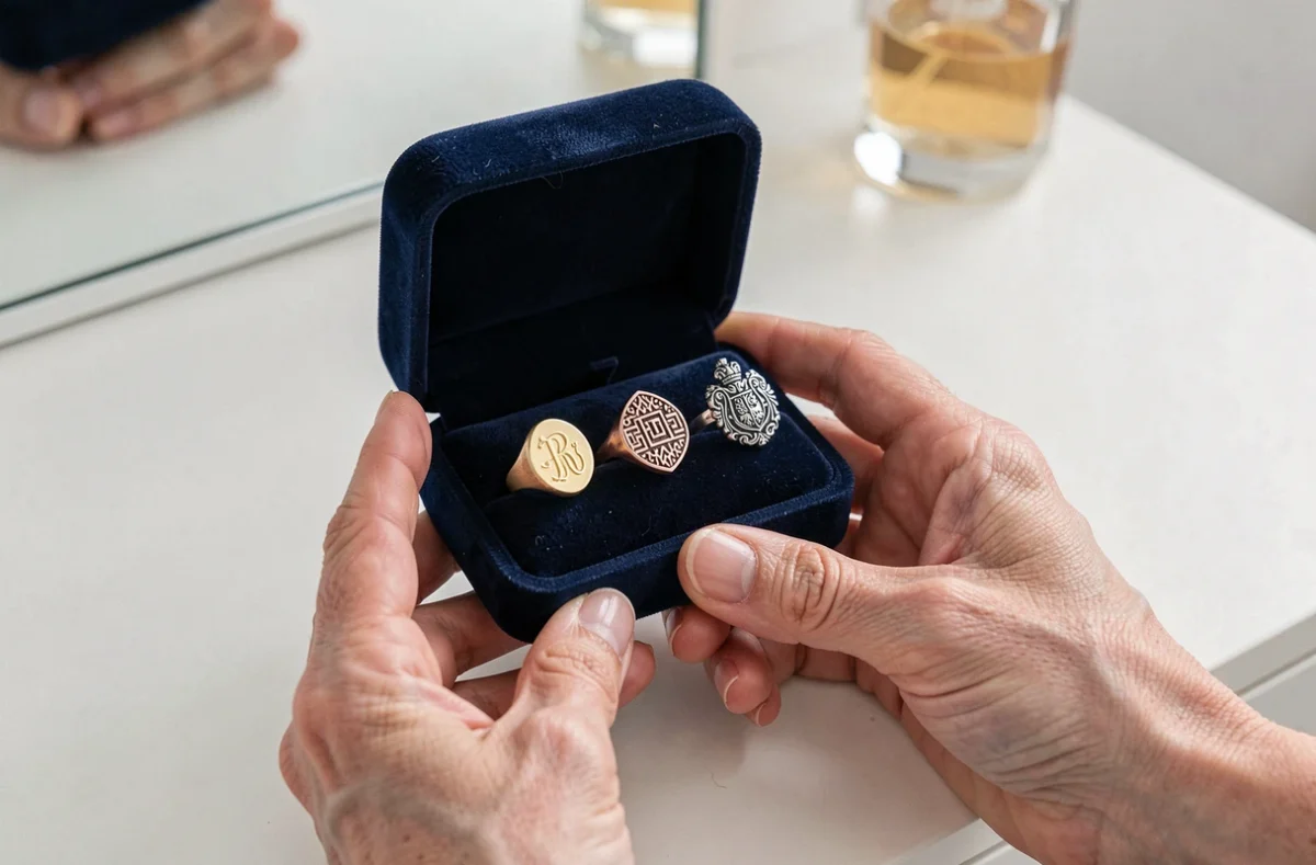 Trois chevalières féminines présentées dans un écrin en velours bleu marine, vue de dessus flat lay