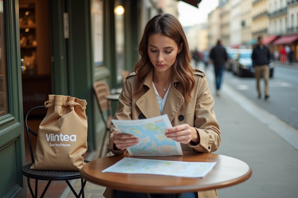 Femme consultant une carte des points relai Vinted en terrasse de café en centre-ville