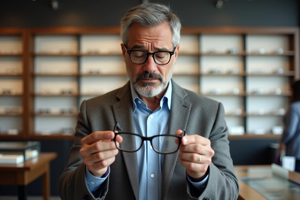 Homme comparant deux paires de montures rectangulaires dans une boutique d'optique contemporaine, illustrant les erreurs de choix de lunettes